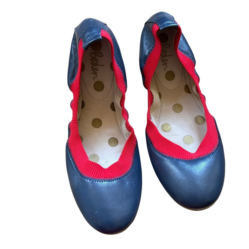 Boden Navy Blue Leather Ballet Flats Red Elastic Trim Polka Dot Insole Size 36